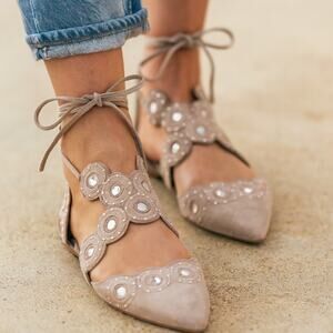 Tory Burch SZ 6.5 Yasmin d'Orsay Point Toe Flats Dust Storm Beading Embroidery